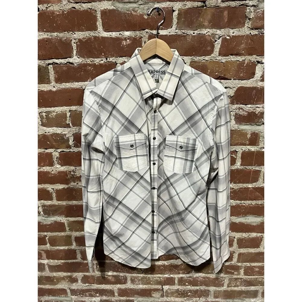 Express Mens White Plaid Long Sleeve Button Up Dress Shirt Size Large